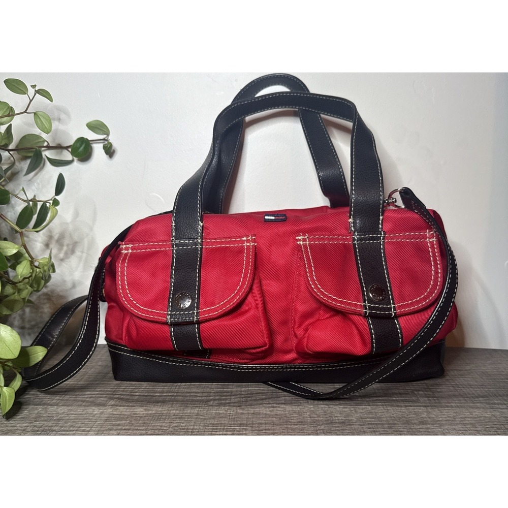 Vintage Y2K Tommy Hilfiger Red Nylon Satchel Shoulder Crossbody Bag Purse